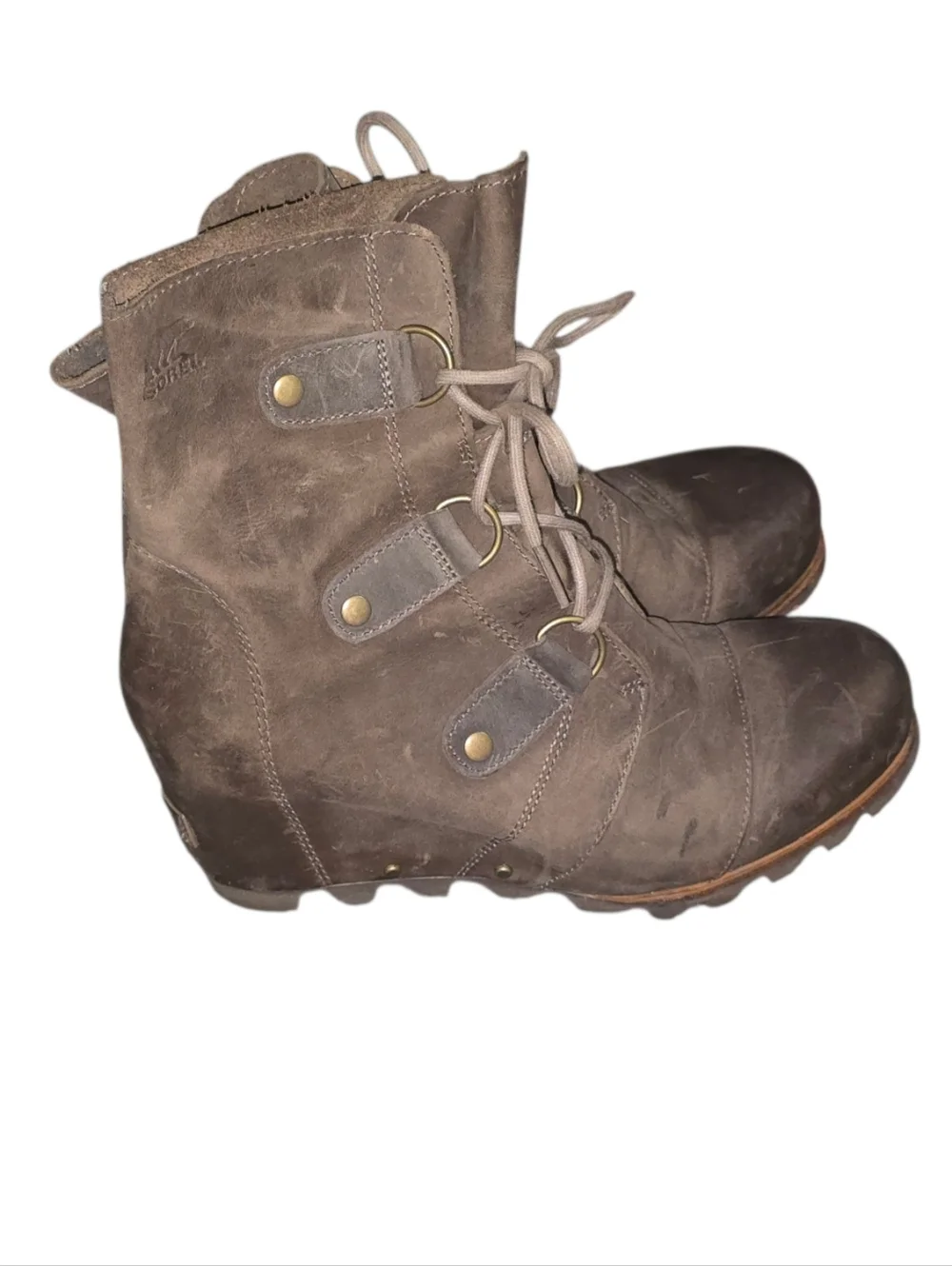 Sorel Joan Of Artic Mid Waterproof Leather Brown LaceUp Wedge Ankle Boots Size 9 - Picture 2 of 8